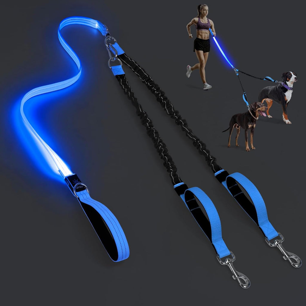 LED Double Dog Leash - Heavy Duty, Tangle-Free 360° Swivel, Dual Padded Handles