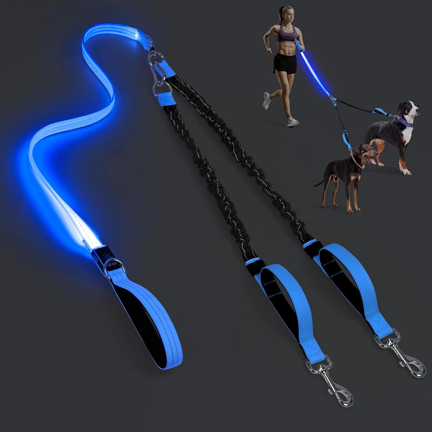 LED Double Dog Leash - Heavy Duty, Tangle-Free 360° Swivel, Dual Padded Handles