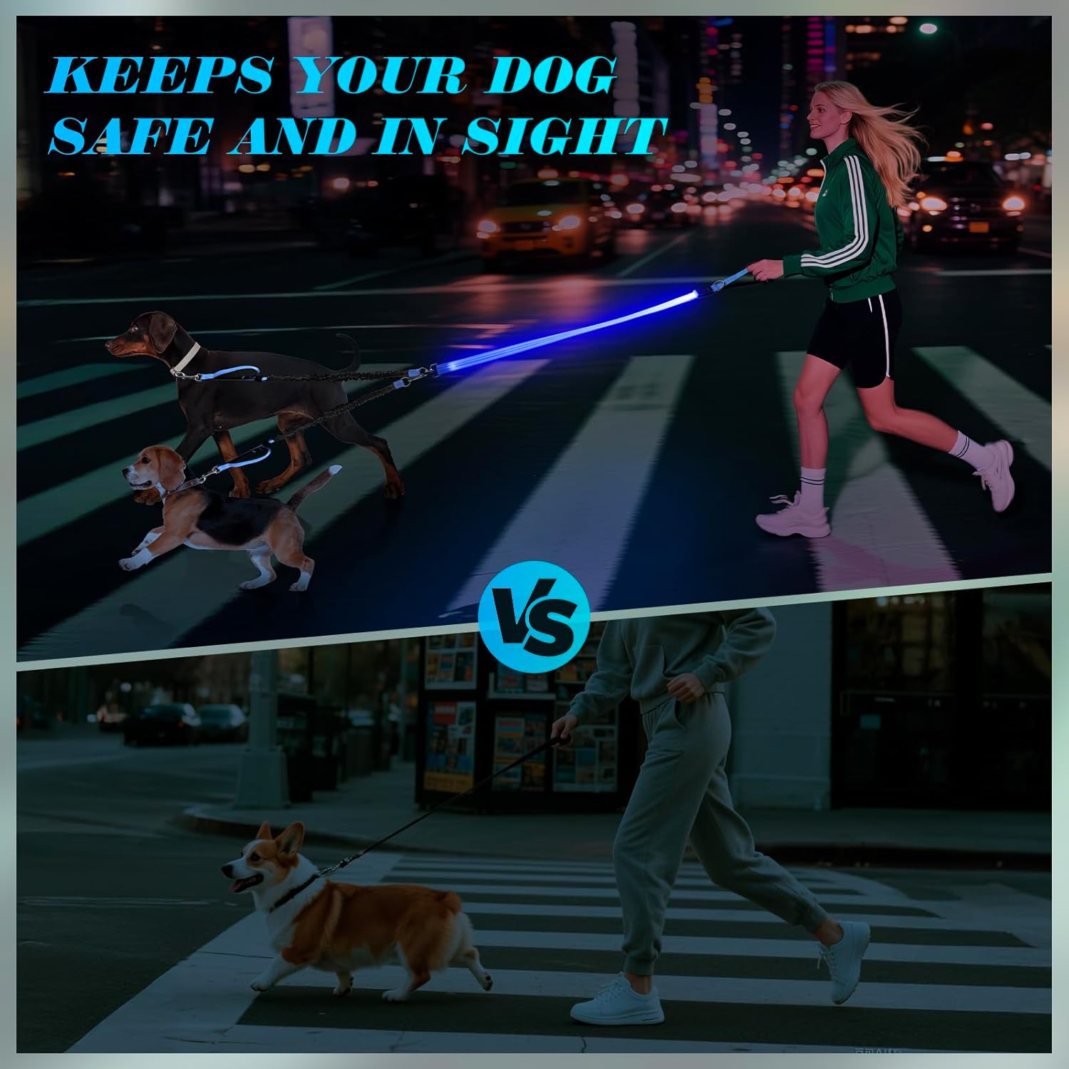 LED Double Dog Leash - Heavy Duty, Tangle-Free 360° Swivel, Dual Padded Handles