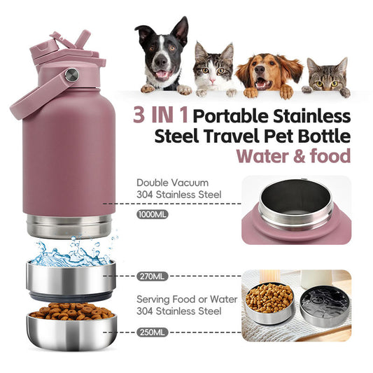 PORTABLE PUPPY OUTDOOR PET FEEDER STAINLESS STEEL 3 IN 1 DOG WATER BOTTLE